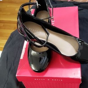 Patent leather ankle strap box heel. Never worn